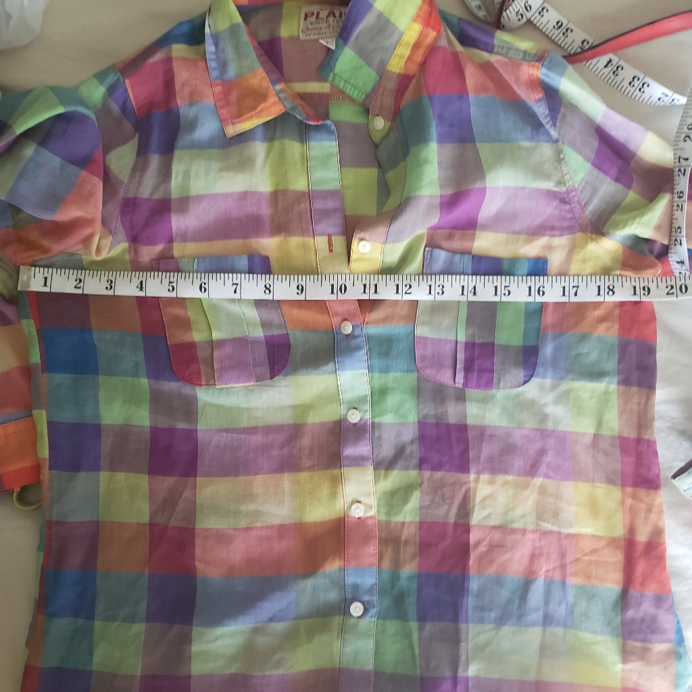 Vintage Rainbow Plaid Button Down Shirt Long Sleeve Colorful Checkered Top Small - Picture 5 of 7